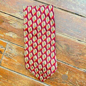 FERRELL REED Red Gold Geometric Feather Silk Neck Tie Handmade USA 58" x 3 1/2"